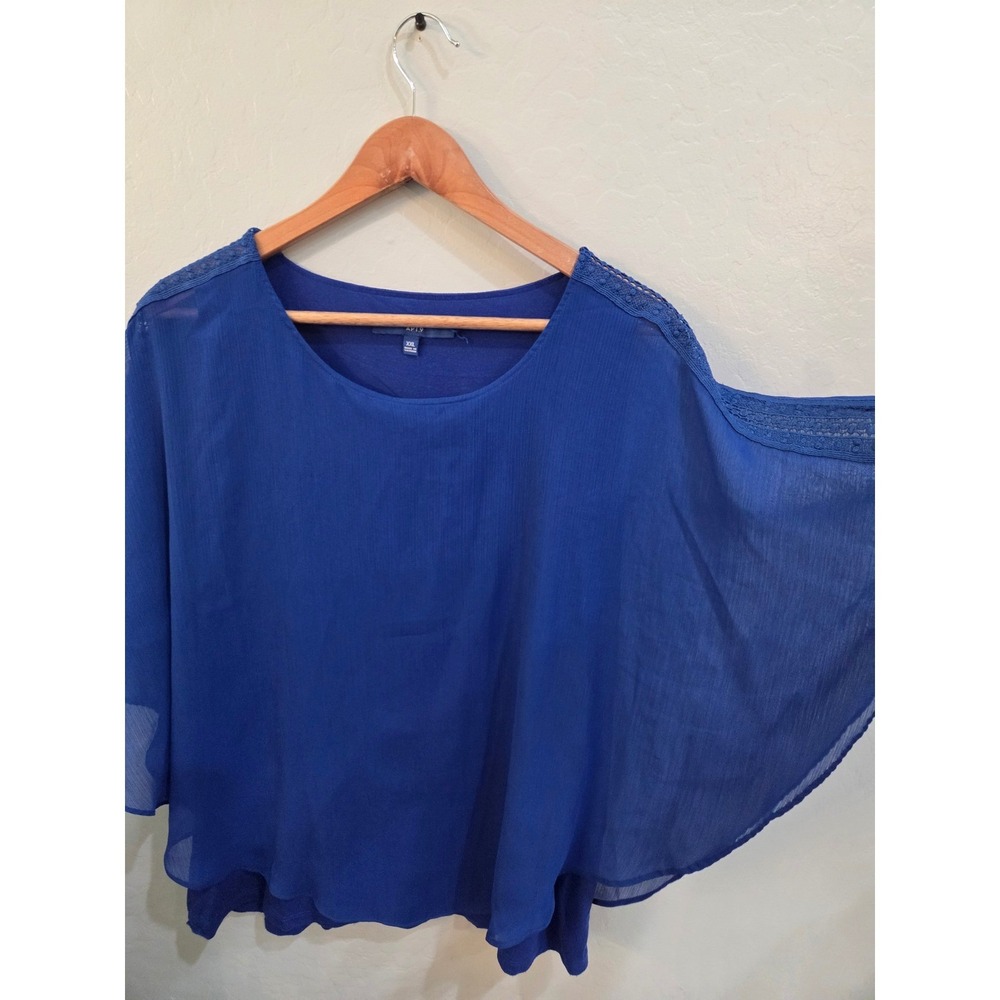 Apt. 9 Royal Blue Chiffon Cape Sleeve Blouse Crochet Lace Trim XXL - Picture 2 of 4